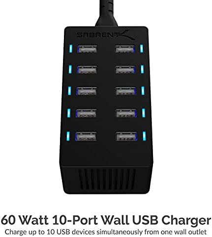 60 וואט 10 יציאה [UL מוסמך] מטען מהיר USB בגודל משפחתי. יציאות USB חכמות עם טכנולוגיית גילוי אוטומטית+[6 חבילות 22AWG Premium 1ft USB